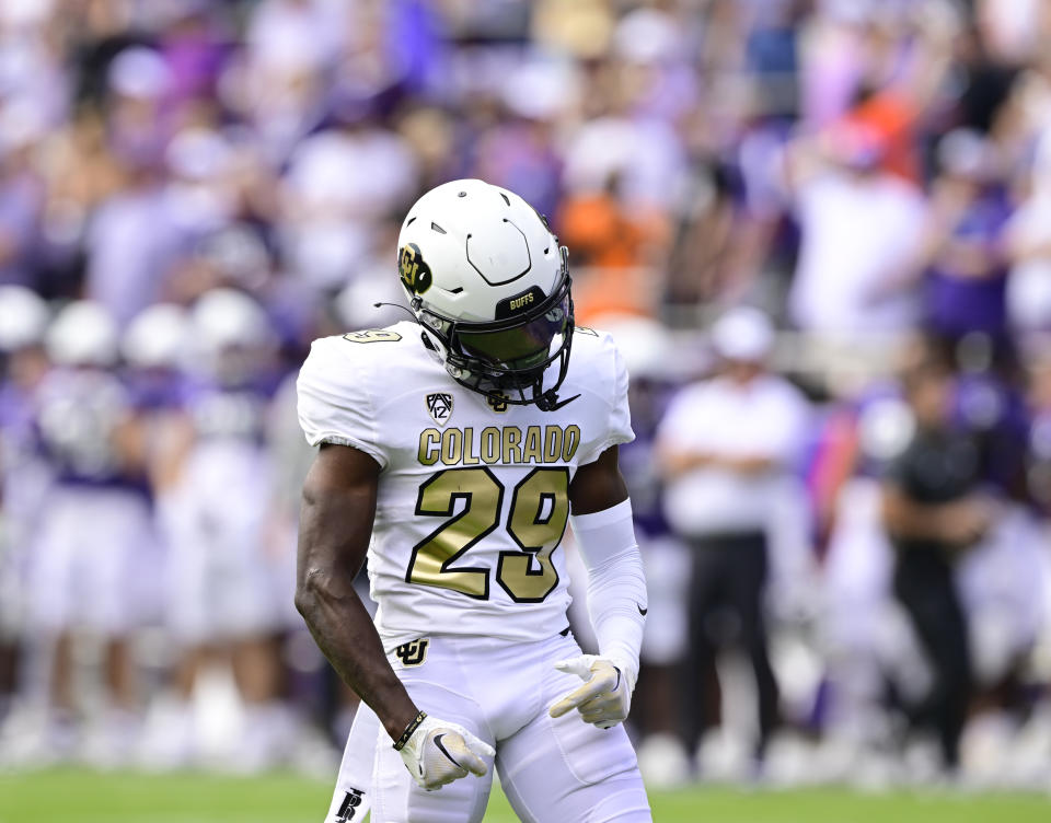 FT. WORTH, TX - SEPTEMBER 02: Colorado Buffaloes safety Rodrick Ward (29) reacts after a play against the TCU Horned Frogs at Amon G. Carter Stadium in Ft. Worth September 02, 2023. (Photo by Andy Cross/MediaNews Group/The Denver Post via Getty Images)