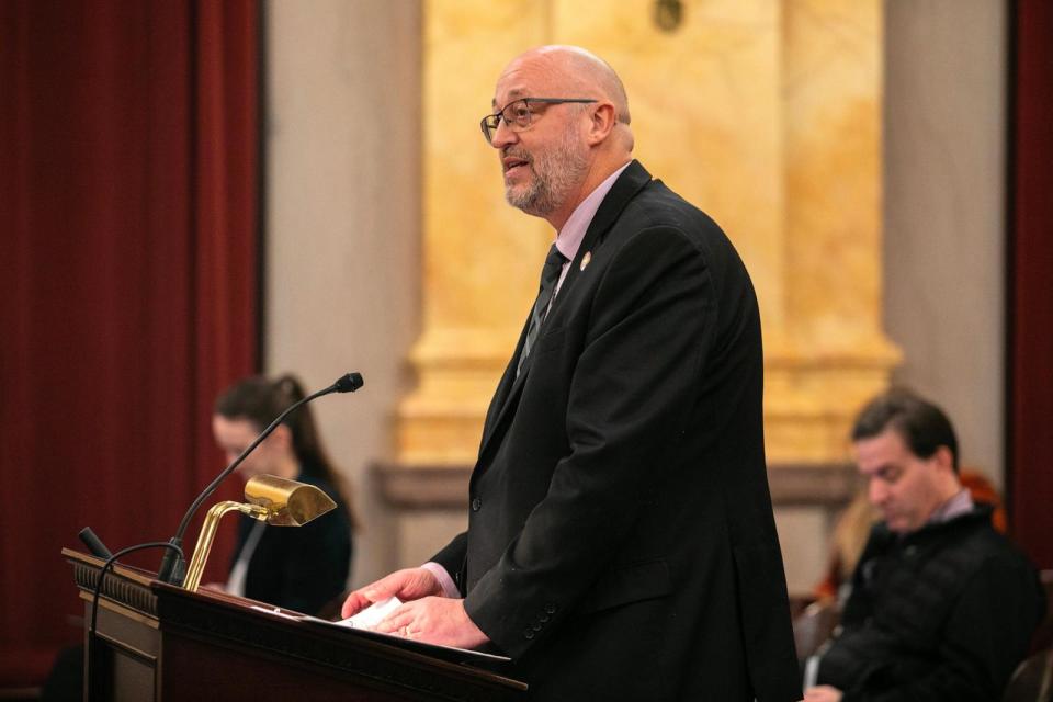 PHOTO: State Representative Gary Click, R-Ohio, speaks at a hearing for the Saving Adolescents from Experimentation (SAFE) Act at the Ohio Statehouse, Nov. 15, 2023, in Columbus, Ohio.  (Maddie McGarvey/For The Washington Post via Getty Images, FILE)