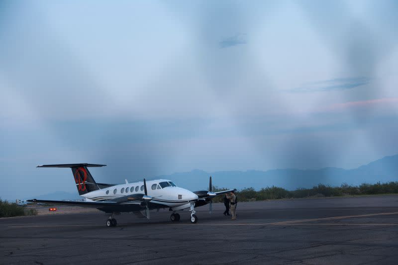 FILE PHOTO: A plane believed to have carried Mexican drug lord Mexican drug lord Ismael "El Mayo" and Joaquin Guzman Lopez arrested in El Paso, is seen in Santa Teresa