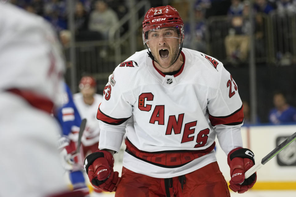 Carolina Hurricanes right wing Stefan Noesen celebrates his goal against the New York Rangers during the third period of an NHL hockey game Tuesday, March 21, 2023, at Madison Square Garden in New York. The Hurricanes won 3-2. (AP Photo/Mary Altaffer)