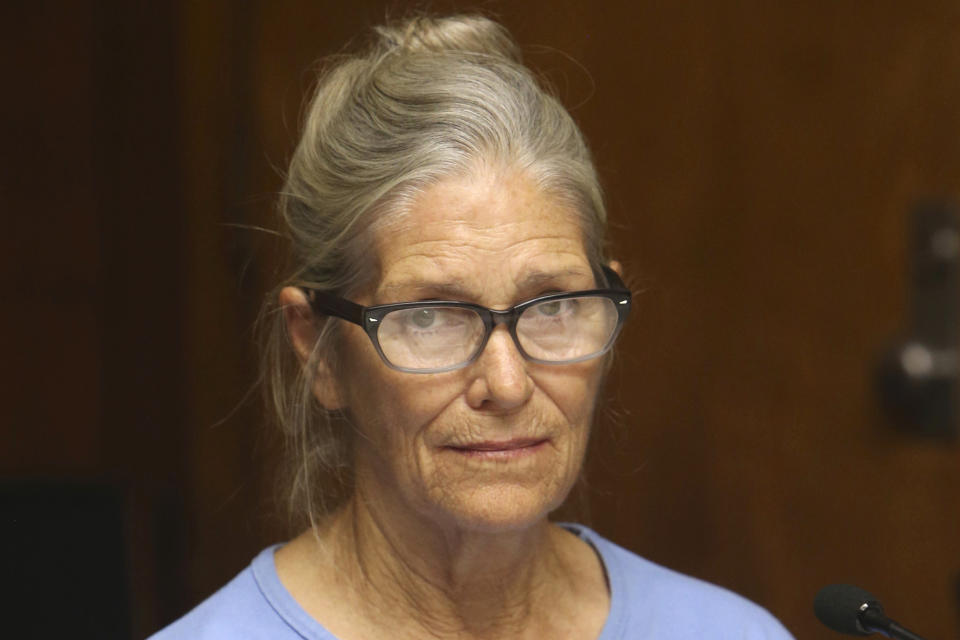 FILE - Leslie Van Houten attends her parole hearing at the California Institution for Women Sept. 6, 2017, in Corona, Calif. Van Houten has been released from a California prison after serving 53 years for two infamous murders. The California Department of Corrections and Rehabilitation said Tuesday, July 11, 2023, that Van Houten "was released to parole supervision." Her release comes days after Gov. Gavin Newsom announced he would not fight a state appeals court ruling that Van Houten should be granted parole. (Stan Lim/Los Angeles Daily News via AP, Pool, File)