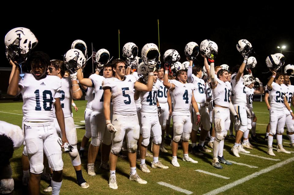St. James players sing the school song after the game at Trinity Presbyterian School in Montgomery, Ala., on Friday, Oct. 7, 2022. St. James defeated Trinity 37-21.
(Photo: Jake Crandall/ Advertiser)