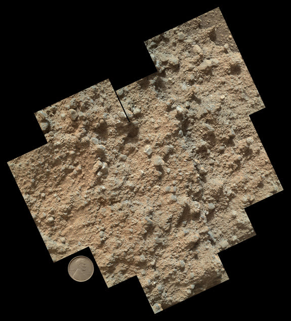 This mosaic of nine images, taken by the Mars Hand Lens Imager camera on NASA's Mars rover Curiosity, shows detailed texture in a conglomerate rock bearing small pebbles and sand-size particles. The rock is at a location called "Darwin," inside