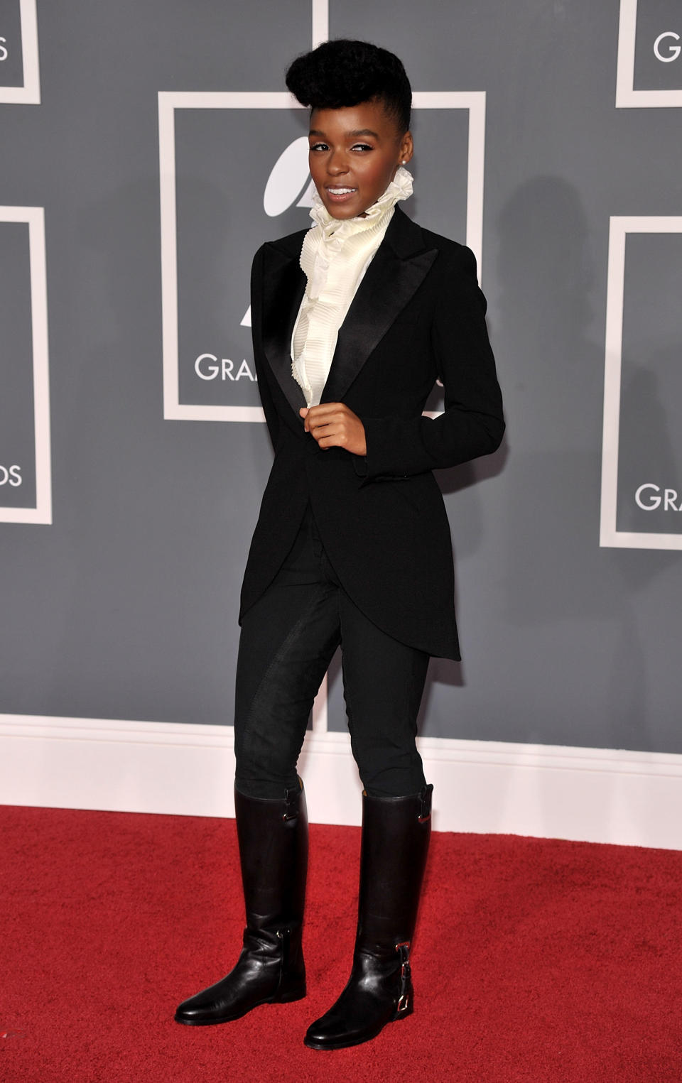 Janelle Monae, first Grammys 2009, red carpet, then and now, black and white style, equestrian fashion 
