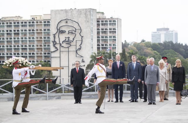 The Prince of Wales and the Duchess of Cornwall attend a wreath-laying ceremony at the Jose Marti Memorial (Jane Barlow/PA)