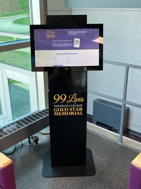 The "99 Lives Gold Star Memorial" features a new interactive display on the Knox campus in Galesburg, supported by an online database with details about the students, alumni and faculty who died serving in World Wars I and II, Korea and Vietnam. Here is the memorial in the entry at Memorial Gymnasium.