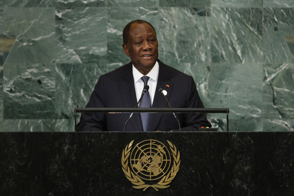 President of Ivory Coast Alassane Ouattara addresses the 77th session of the United Nations General Assembly, at U.N. headquarters, Wednesday, Sept. 21, 2022. (AP Photo/Jason DeCrow)