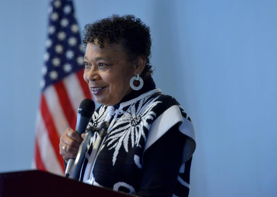 Jeanne Morrison, chairwoman of the Barnstable County Human Rights Advisory Commission, speaks at the annual Human Rights Awards Breakfast in January.