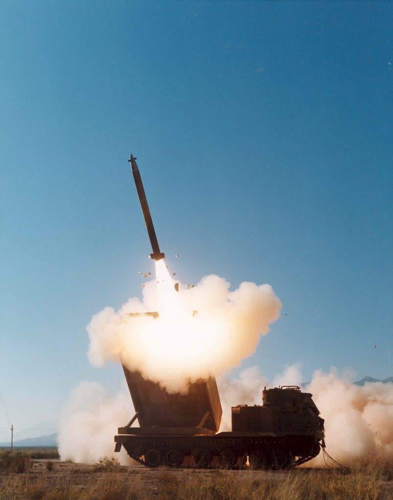 A Lockheed Martin Guided Multiple Launch Rocket System (GMLRS) munition fired from an M270 Multiple Launch Rocket System (MLRS). <em>Lockheed Martin photo</em>