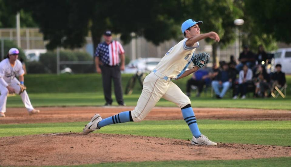 El Capitan High School pitcher Mitchell Hunter delivers a pitch for the South during the Merced County All-Star Baseball Game on Saturday, June 10, 2023 at Merced College.