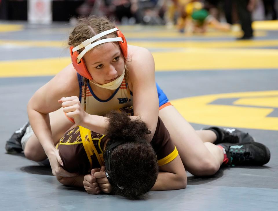 Olentangy Orange's Alicia Coleman competes in girls wrestling's first OHSAA-sanctioned state tournament March 10 at Value City Arena.
