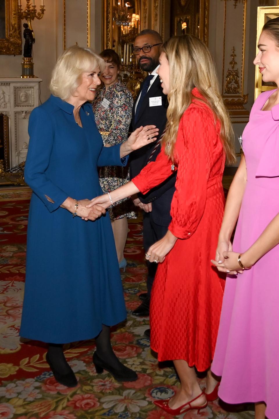 Queen Camilla, blue dress by Anne Valentine, survivor of sexual assault, Wash Bags Project initiative