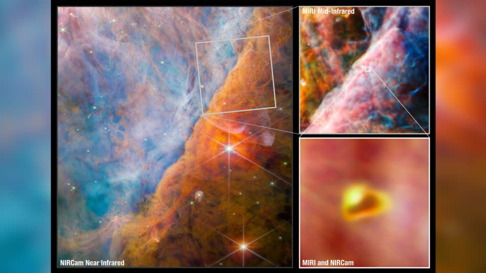 Images taken by the Webb telescope show a part of the Orion Nebula known as the Orion Bar, where UV light interacts with dense clouds of molecules. - ESA/Webb/NASA/CSA