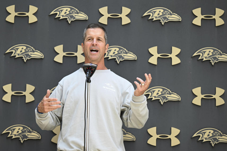 Baltimore Ravens head coach John Harbaugh answers questions from the media before NFL practice Tuesday, June 13, 2023, in Owings Mills, Md. (AP Photo/Gail Burton)