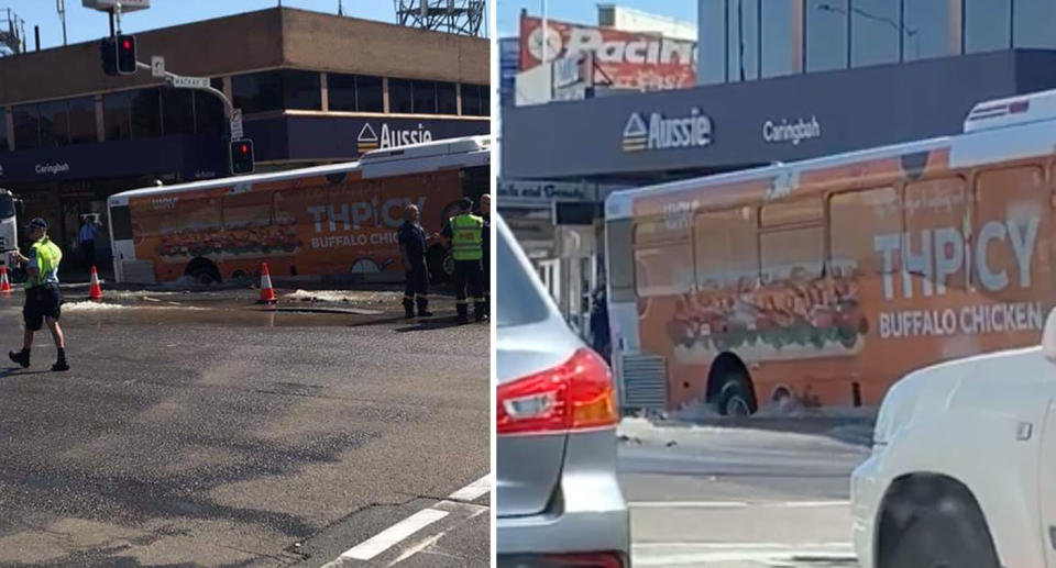 Sydney bus shown having into a road after a burst water main caused a sinkhole to open up.