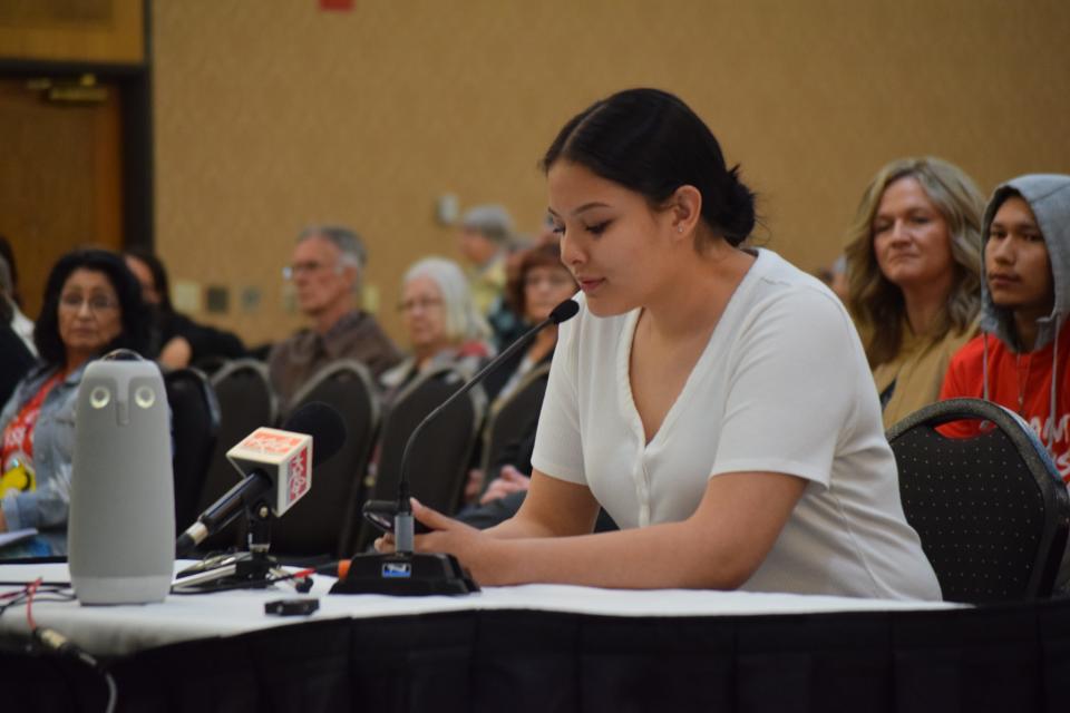 Jordan Rahyn speaks in opposition to the proposed social studies standards in Pierre on April 17, 2023 during a Board of Education Standards meeting.