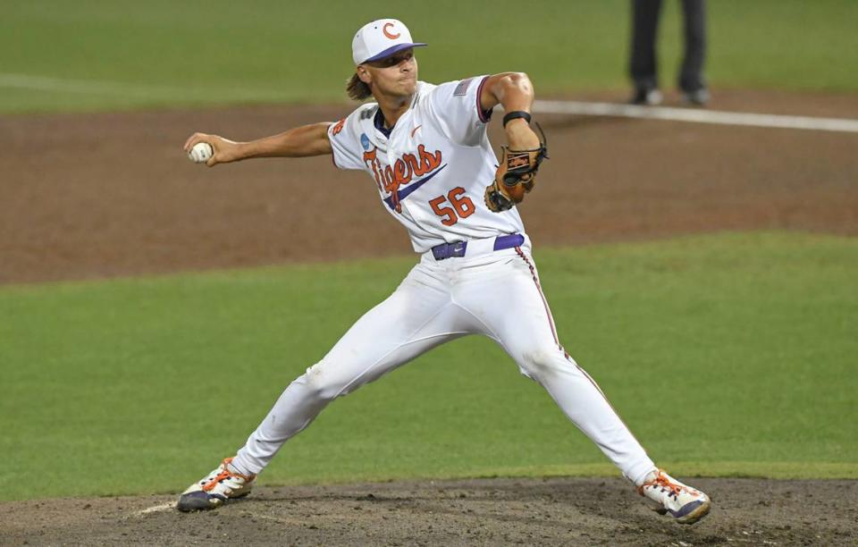 Jun 2, 2024; Clemson, South Carolina, USA; Clemson junior Austin Gordon (56) pitches against Coastal Carolina University during the top of the ninth inning of the Clemson Regional at Doug Kingsmore Stadium.