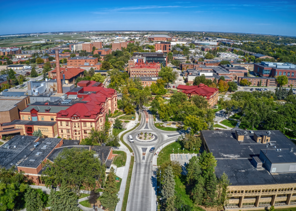 Aerial view of town with majority of red brick buildings and roundabout in the center of the image. 