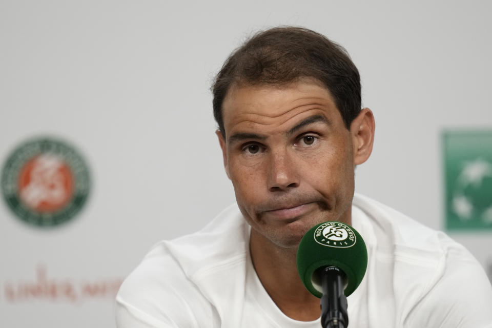 Spain's Rafael Nadal, adresses the media after losing against Germany's Alexander Zverev during their first round match of the French Open tennis tournament at the Roland Garros stadium in Paris, Monday, May 27, 2024. (AP Photo/Thibault Camus)