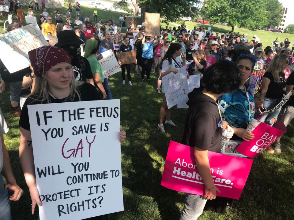Protesters gather Friday at Mill Creek Park in Kansas City after the Supreme Court overturned Roe v. Wade. 