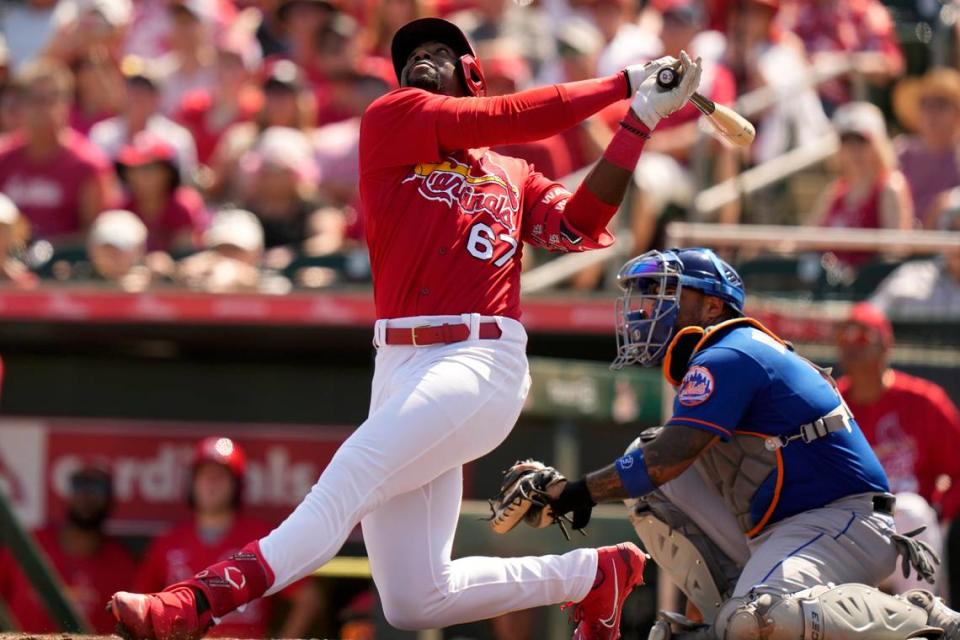 St. Louis Cardinals’ Jordan Walker (67) bats during the first inning of a spring training baseball game against the New York Mets, Sunday, March 5, in Jupiter, Florida. Walker made the Cardinals out of camp, bypassing Triple-A entirely on the strength of early spring slugging and bypassing any concerns around his recent cool down.