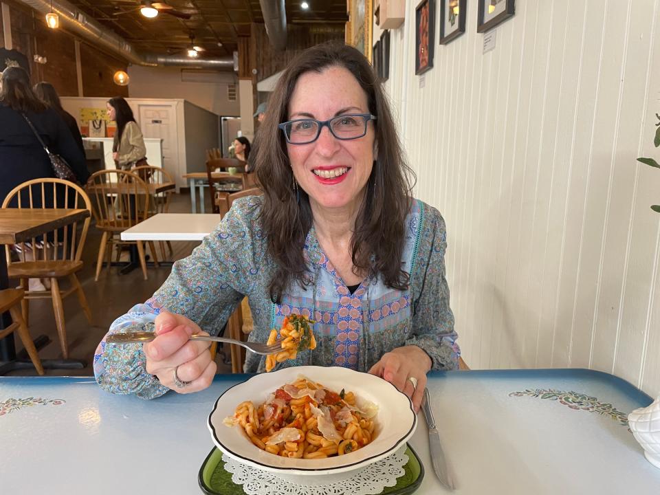 Lohud Food & Dining Reporter Jeanne Muchnick enjoying the pasta at Flours Pasta & Bakeshop in Haverstraw. The casarecce with vodka sauce was the best thing she ate this week. Photographed April 2024
