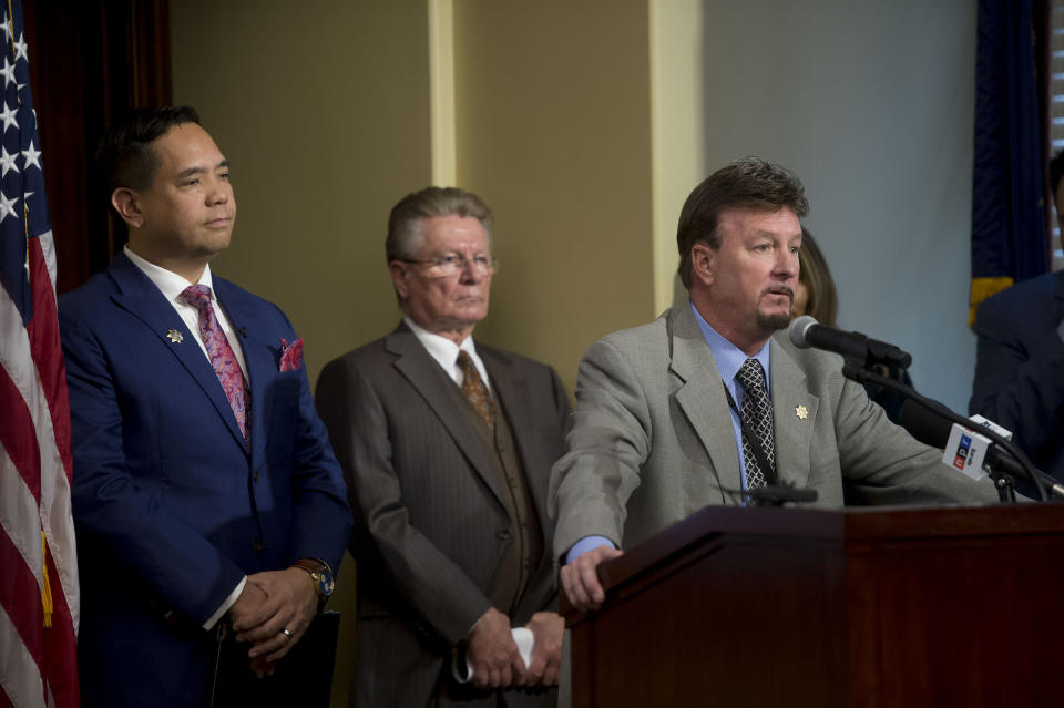 Investigator Leo Lucey talks about the case against Paul D. Petersen during a news conference in Salt Lake City, Utah, on Wednesday, Oct. 9, 2019. Petersen is charged with human smuggling, sale of a child and communications fraud. (Jeremy Harmon/The Salt Lake Tribune via AP)