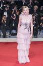 <p>Kirsten Dunst wore a baby pink polka dot dress for the Venice Film Festival designed by her film Woodshock's co-writers and co-directors, sisters Kate and Laura Mulleavy, who run the fashion brand Rodarte.</p>