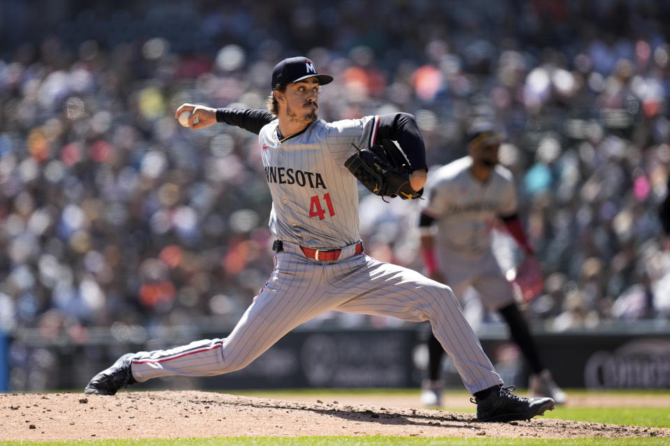 Minnesota Twins pitcher Joe Ryan (41) throws against the Detroit Tigers in the sixth inning during the first baseball game of a doubleheader, Saturday, April 13, 2024, in Detroit. (AP Photo/Paul Sancya)