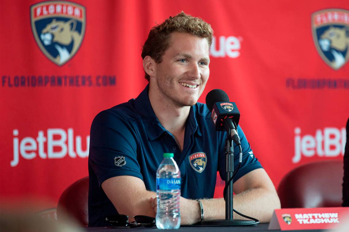 Matthew Tkachuk speaks at a Florida Panthers introductory press conference at FLA Live Arena in Sunrise, Florida on Monday, July 25, 2022.