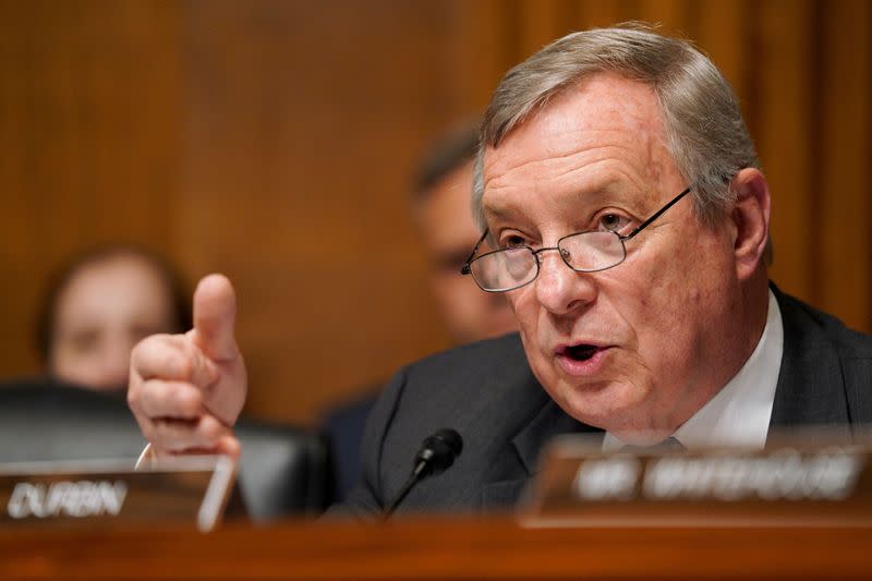 FILE PHOTO: U.S. Senator Durbin questions Attorney General Barr at Senate Judiciary hearing on investigation of Russian interference in the 2016 presidential election on Capitol Hill in Washington