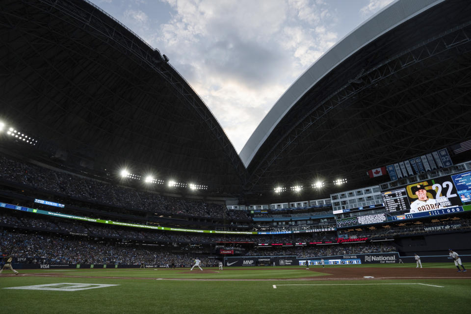 The Rogers Centre's dome roof opens as the Toronto Blue Jays take on the San Diego Padres in a baseball game Wednesday, July 19, 2023, in Toronto. (Chris Young/The Canadian Press via AP)