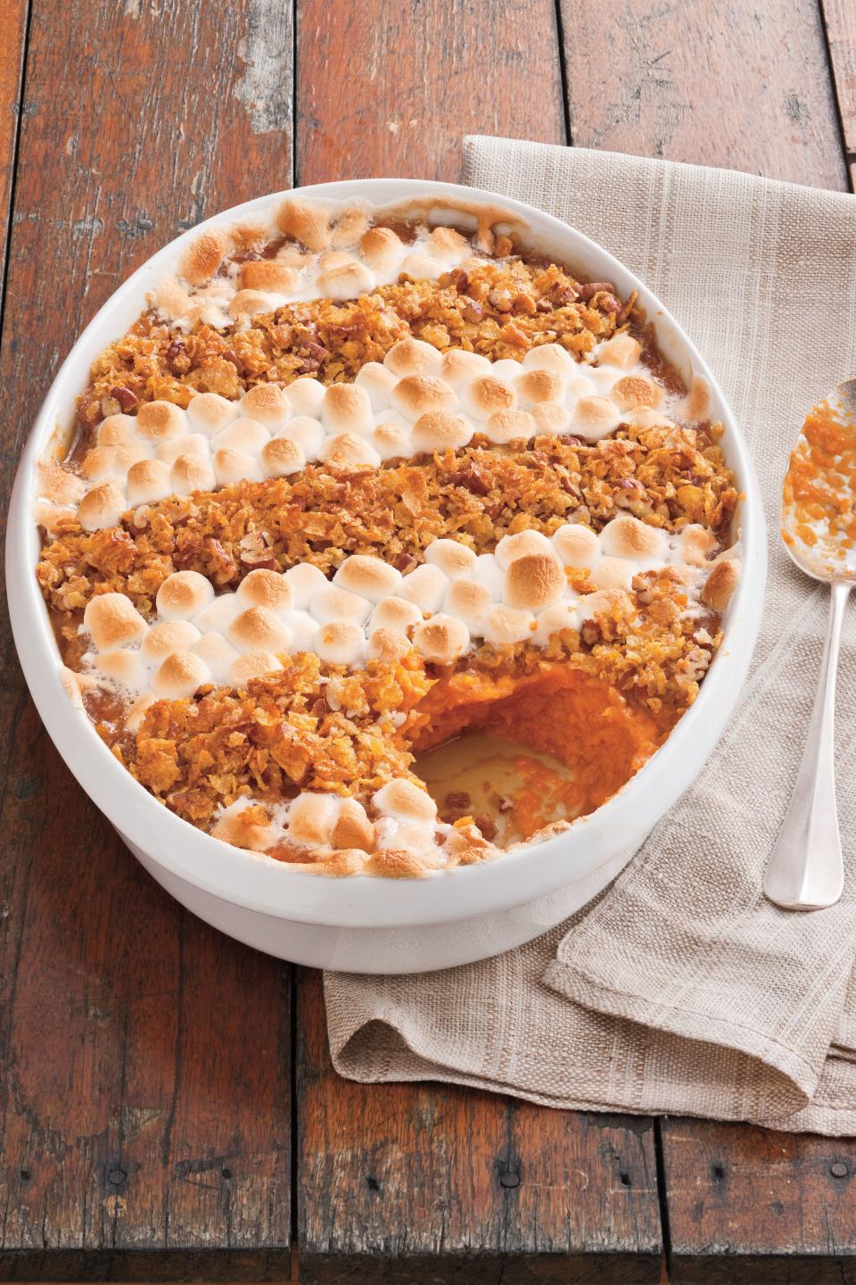 Sweet Potato Casserole with Marshmallows, Pecans, and Cornflakes