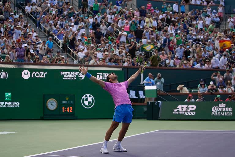 Carlos Alcaraz, of Spain, celebrates after defeating Daniil Medvedev, of Russia, in the final match at the BNP Paribas Open tennis tournament, Sunday, March 17, 2024, in Indian Wells, Calif. (AP Photo/Ryan Sun)