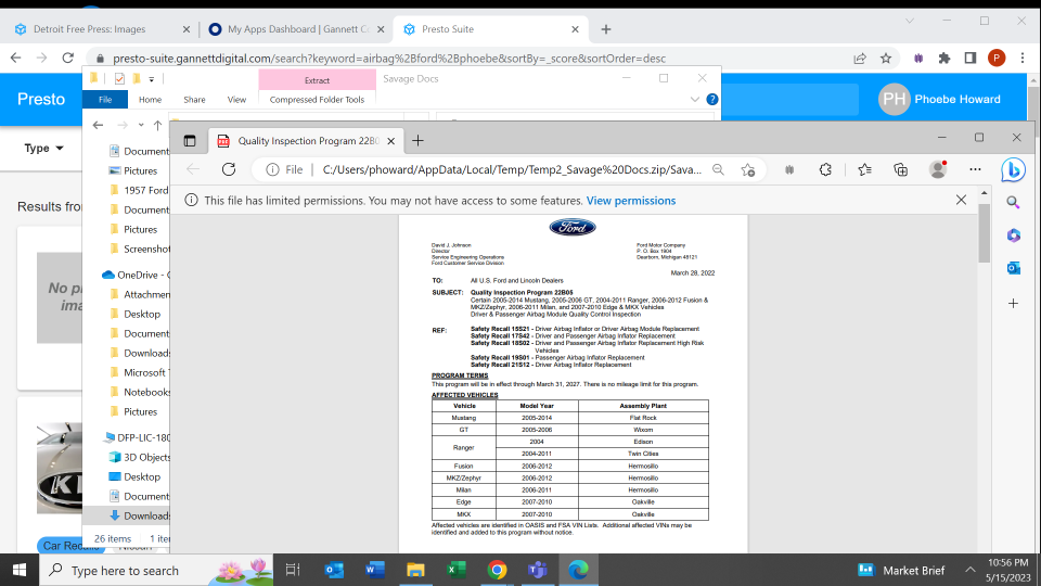 Ford Motor Company issued a letter dated March 29, 2022, reminding its dealers of a quality inspection program for air bags previously listed as potentially defective.