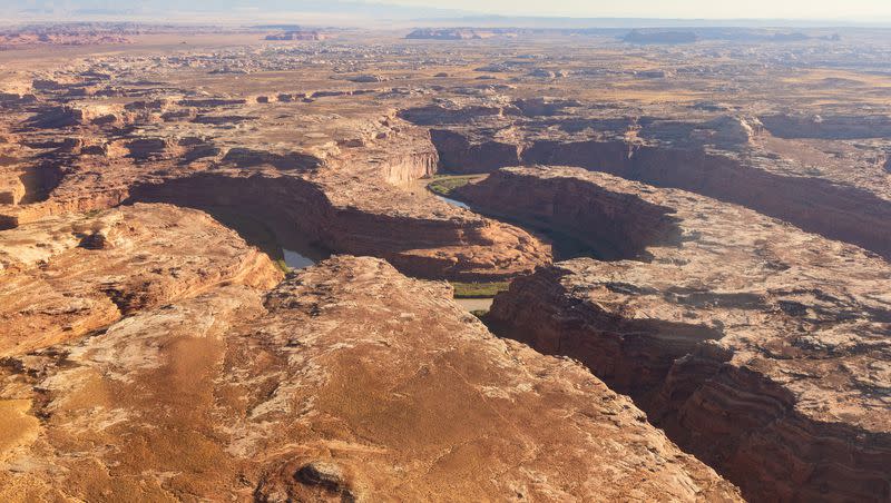 A view over Labyrinth Canyon and the Green River from an EcoFlight above one of the areas that will be impacted by the Labyrinth Canyon and Gemini Bridges Travel Plan on Friday, Sept. 22, 2023. The travel management plan from the Bureau of Land Management, which covers 300,00 acres near Moab, will be released by Sept. 30.