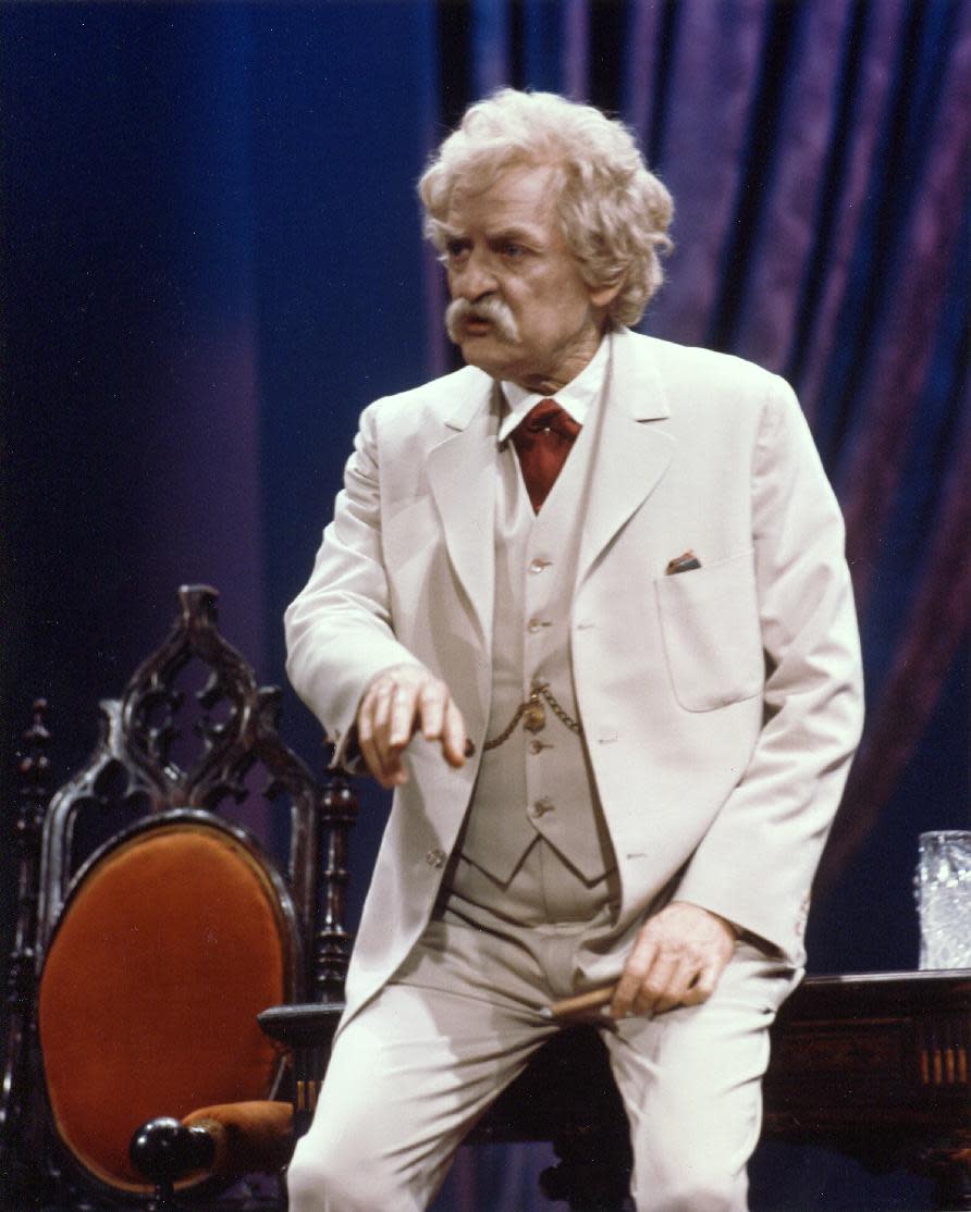 This image provided by Hal Holbrook shows Holbrook performing his one-man show "Mark Twain Tonight." Holbrook is in the midst of a marathon of theater. 2014 marks the 60th consecutive year of his one-man show relating the satire and social commentary that he began delivering during the civil rights era to audiences today. Ahead of the 89-year-old actor’s stop at the National Theatre in Washington, Holbrook explains why Twain remains relevant as Holbrook adds material on the Bible, the labor movement and a section of "Huckleberry Finn." (AP Photo/Courtesy of Hal Holbrook)