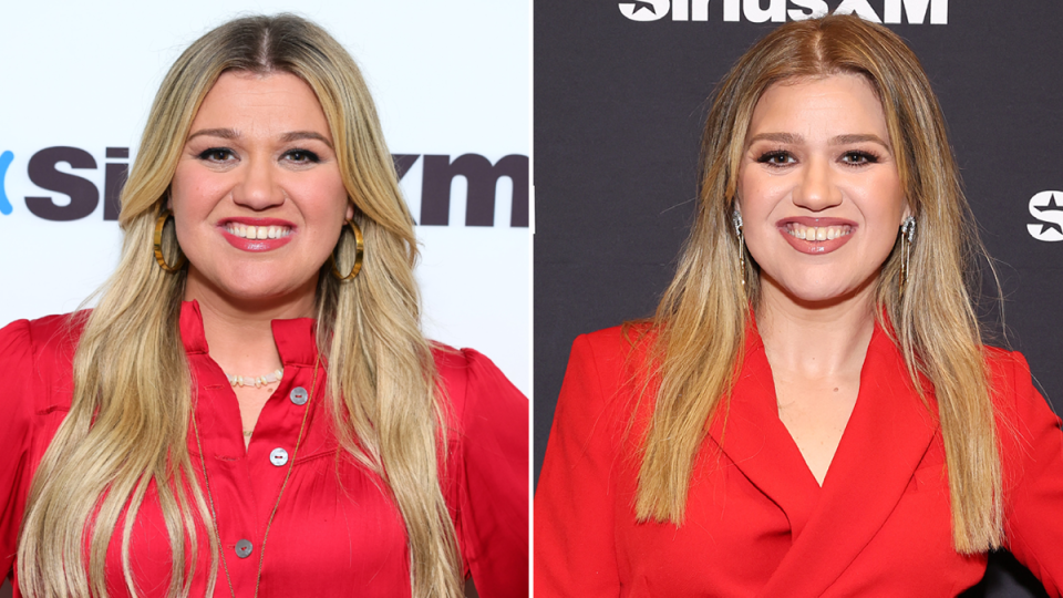 <span><span>Kelly Clarkson, June 2023 (left) and October 2023 (right)</span><br><span>Theo Wargo /Cindy Ord/ Getty</span></span>