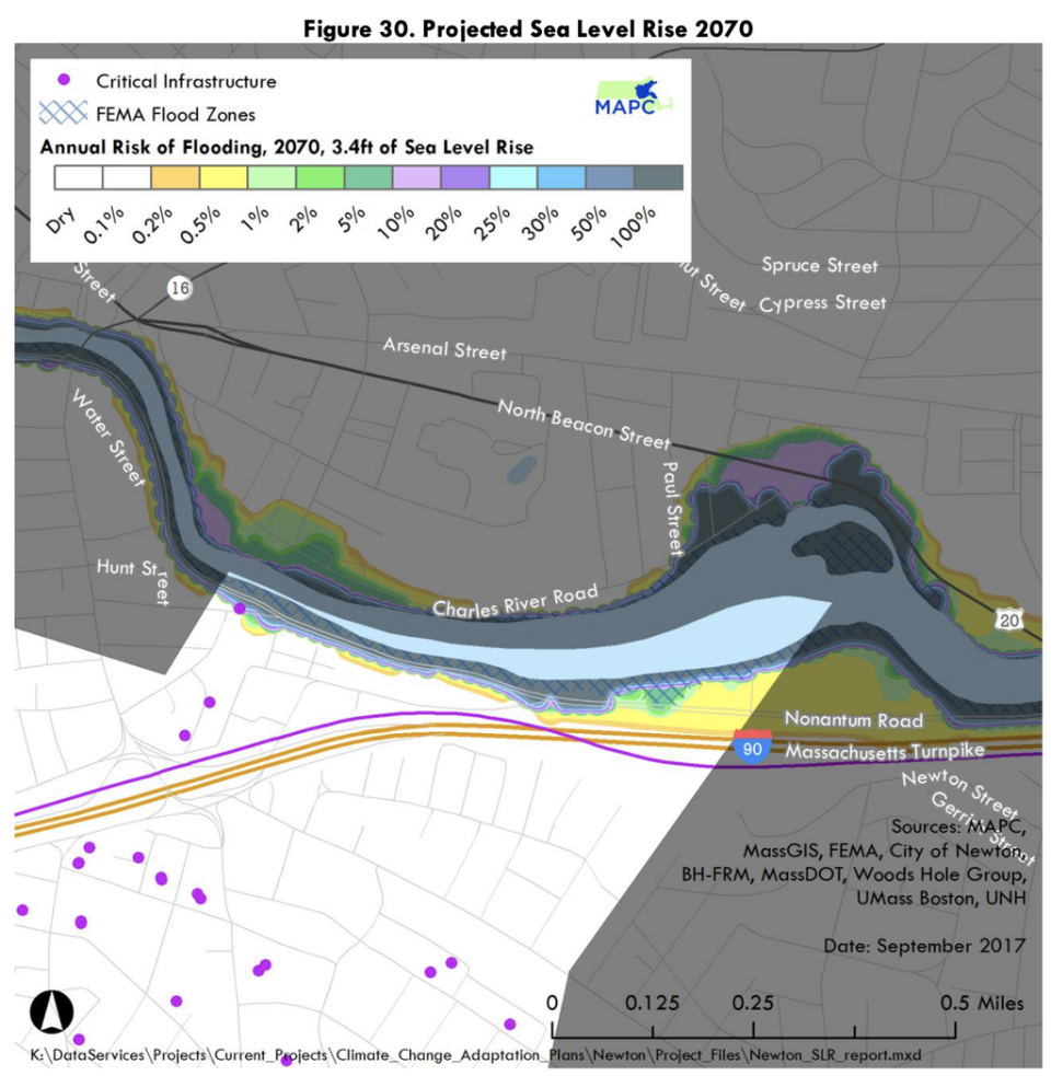 Annual risk of flooding by 2070 in Newton, Massachusetts (City of Newton)