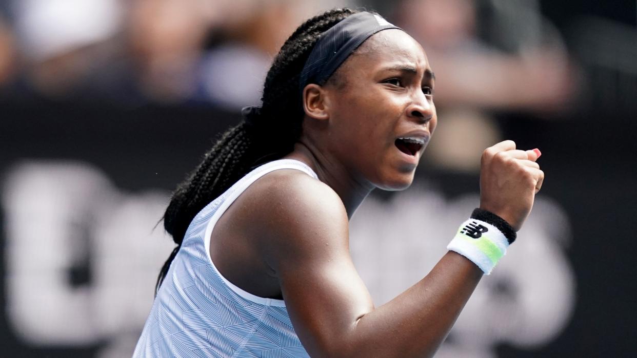 Coco Gauff of the USA reacts during her fourth round match against Sofia Kenin of the USA at the Australian Open tennis tournament at Melbourne Park in Melbourne, Australia, 26 January 2020.