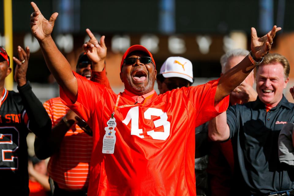 Oct 14, 2023; Stillwater, Oklahoma, USA; Former OSU player Terry Miller is inducted into the Ring of Honor during an NCAA football game between Oklahoma State (OSU) and Kansas at Boone Pickens Stadium. Mandatory Credit: Nathan J. Fish-USA TODAY Sports