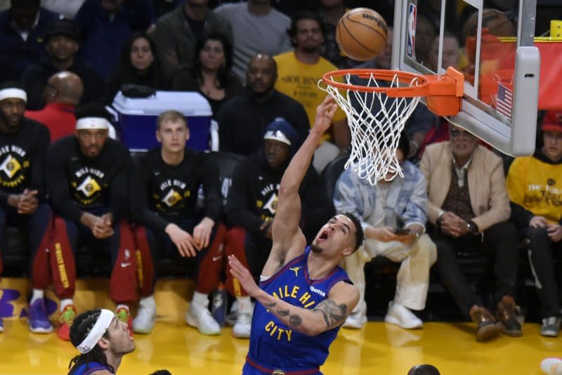 Denver Nuggets forward Michael Porter Jr. (C) totaled 26 points in a win over the Los Angeles Lakers on Monday in Denver. Photo by Jim Ruymen/UPI