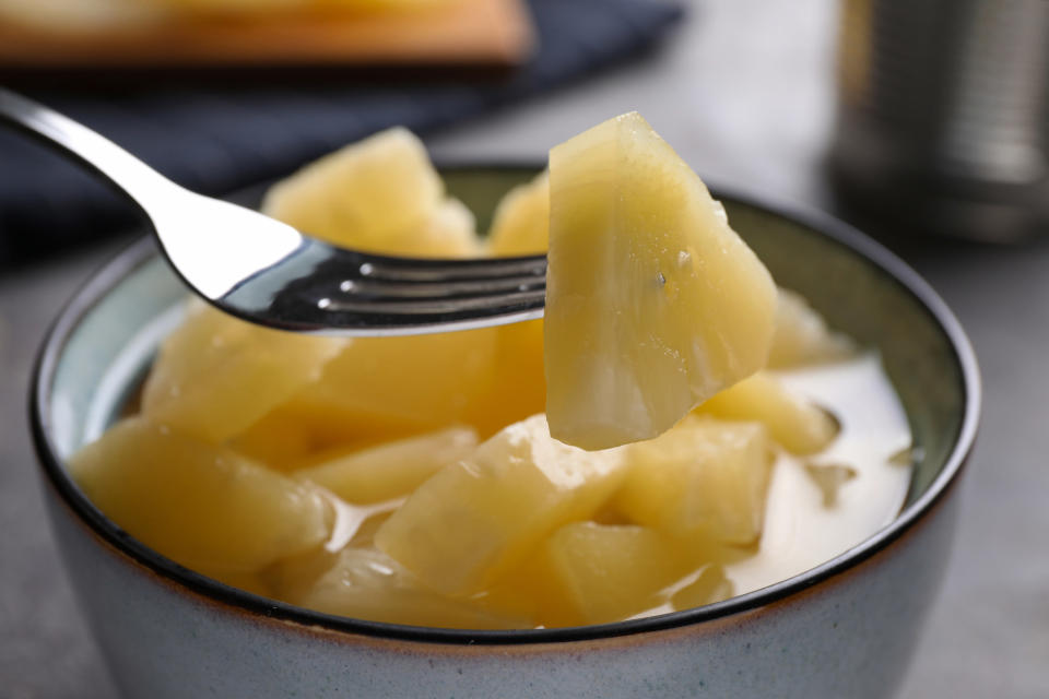 Canned diced pineapples.