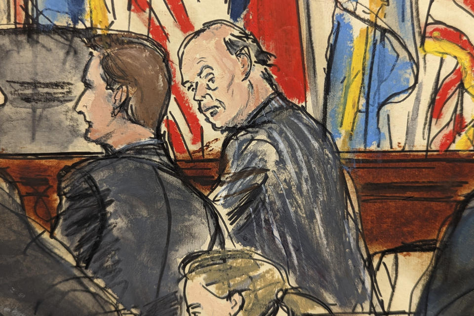 FILE - This artist sketch depicts Dominion Voting Systems attorney Justin Nelson, left, conferring with Fox News attorney Daniel Webb, as the lawyers waited in Delaware Superior Court Tuesday afternoon, April 18, 2023, in Wilmington, Del. Soon after, Judge Eric Davis announced Fox News and Dominion Voting Systems had reached a settlement in the voting machine company's defamation lawsuit. (Elizabeth Williams via AP, File)