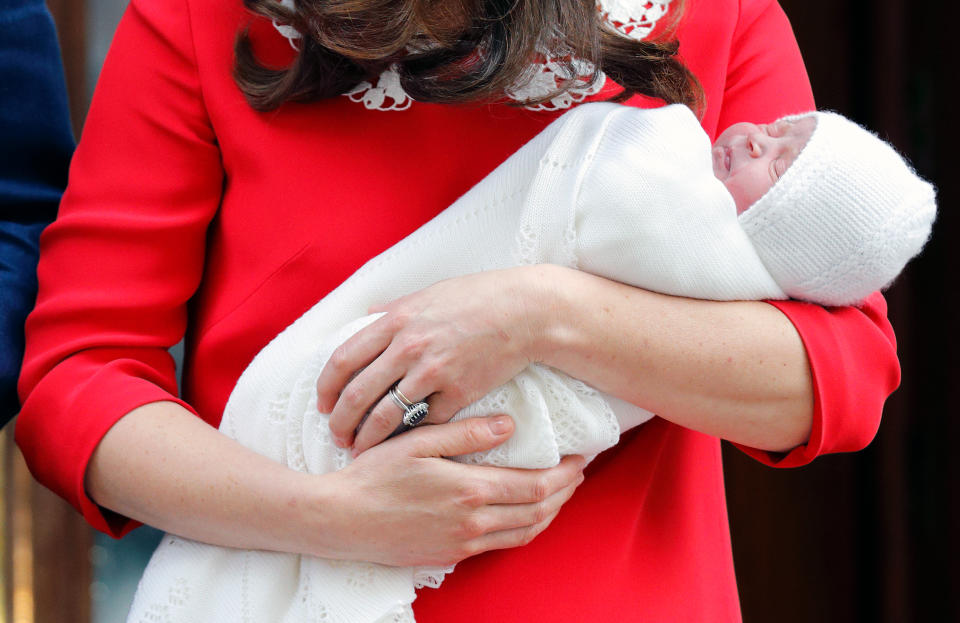 Catherine, Duchess of Cambridge departs the Lindo Wing of St Mary's Hospital with her newborn baby son on April 23, 2018 in London, England. The Duchess delivered a boy at 11:01 am, weighing 8lbs 7oz, who will be fifth in line to the throne. | Max Mumby/Indigo—Getty Images