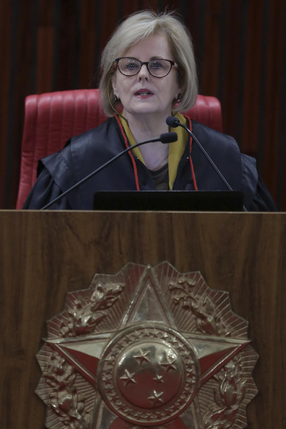 Brazil's President of the Superior Electoral Court Rosa Weber speaks during a the trial against the candidacy of jailed former president da Luis Inacio Lula da Silva, in Brasilia, Brazil, Friday, Aug. 31, 2018. Brazil's general elections will be held on October 7. (AP Photo/Eraldo Peres)