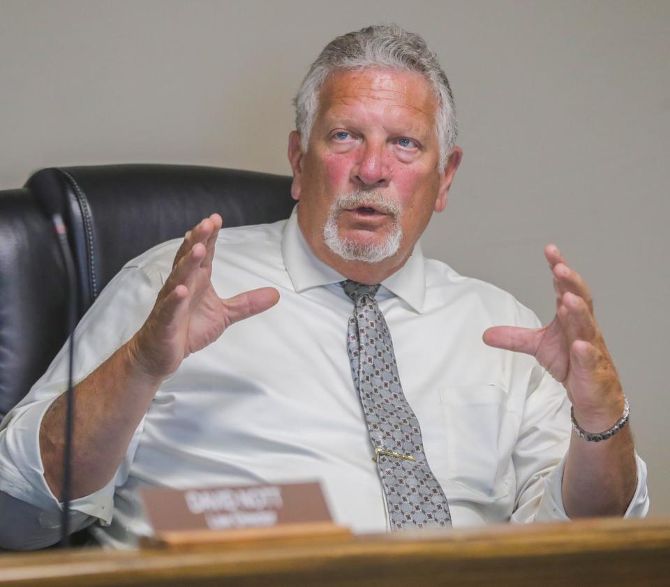 Streetsboro Mayor Glenn Broska addresses Portage County Auditor Matt Kelly during a council meeting on Monday, July 8, 2024, in Streetsboro, Ohio. [Phil Masturzo/ Beacon Journal]