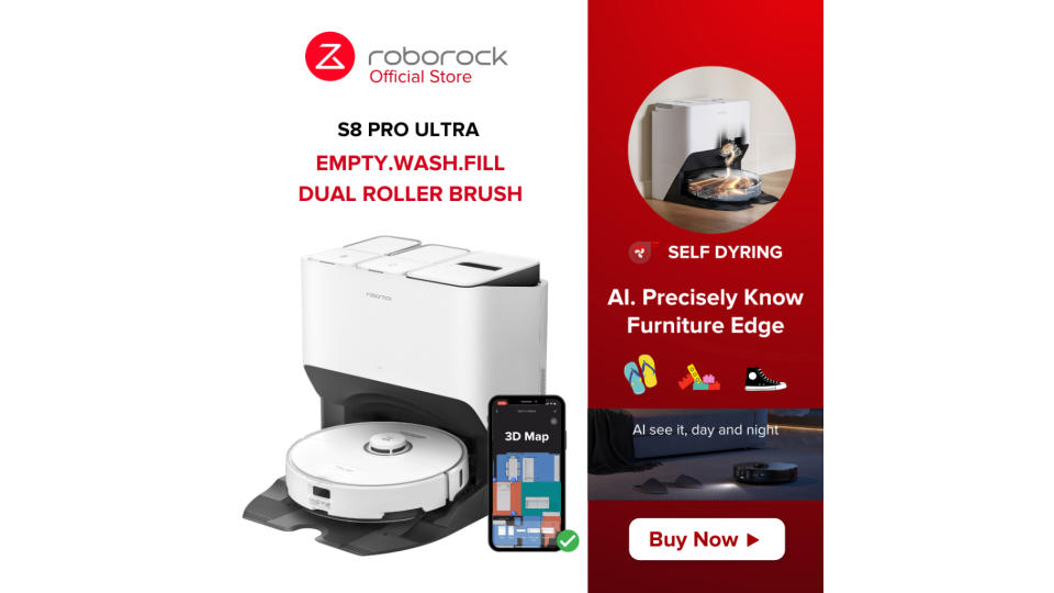 [New] Roborock S8 Pro Ultra Self Drying + Empty Wash Fill 6000Pa HyperSuction Dual Roller Brush Ultrasonic Mopping 3D AI. (Photo: Shopee SG)