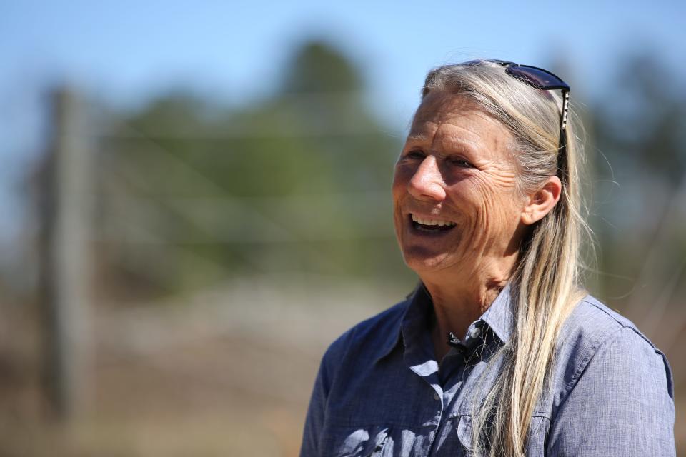 Carol Buckley, the founder of Elephant Refuge North America, smiles as she celebrates Tarra's 50th birthday, Feb. 14, 2024.