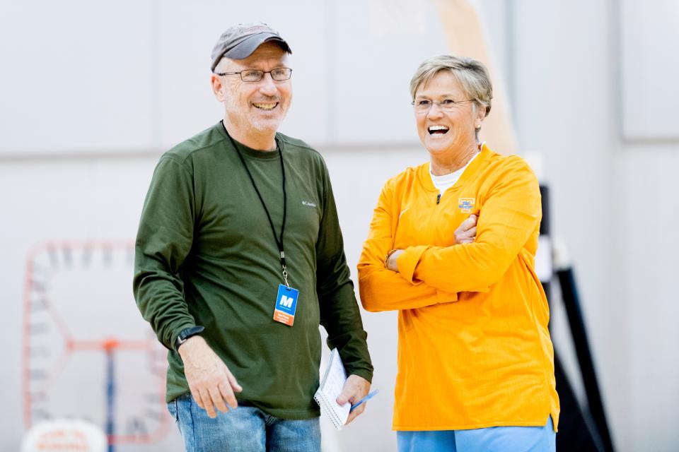 Knoxville News Sentinel reporter Dan Fleser shares a laugh with Tennessee Head Coach Holly Warlick during Tennessee Lady Vols Media Day at Pratt Pavilion in Knoxville, Tennessee on Thursday, October 25, 2018.